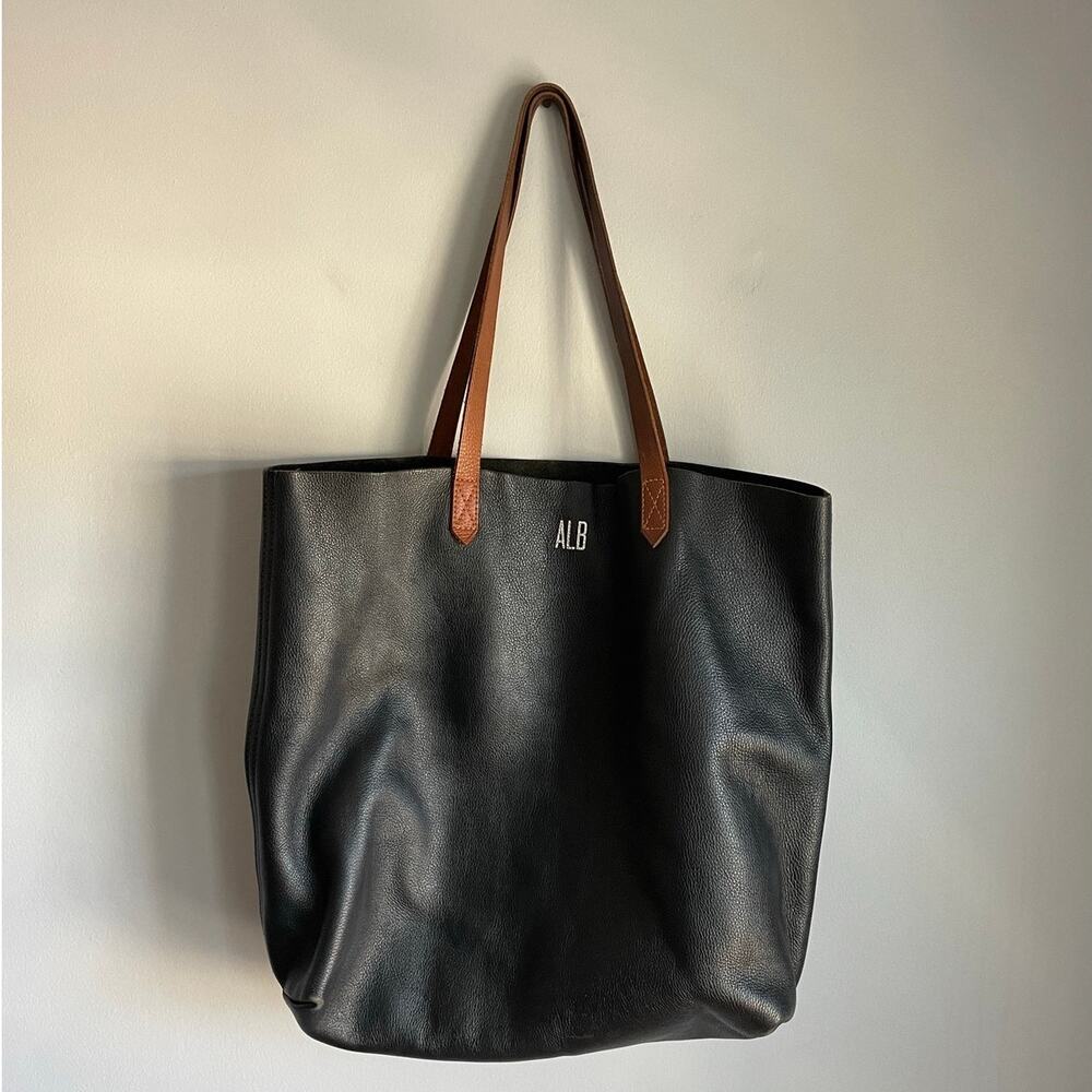 Madewell Leather Tote Bag Monogrammed ALB Black Brown Work Office
